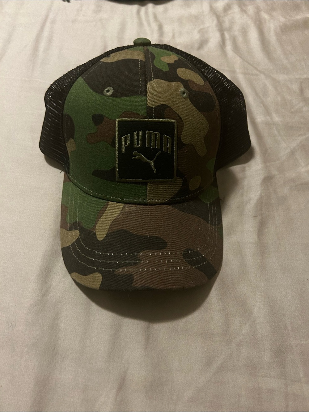 PUMA Woodland Camo Mesh Snapback Trucker Hat Black Logo Patch Adjustable Cap